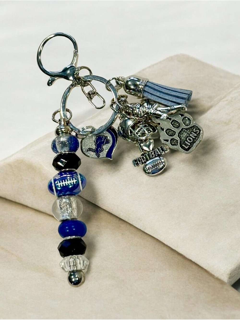 Detroit Lions Blue Beaded Tassel Keychain Charm